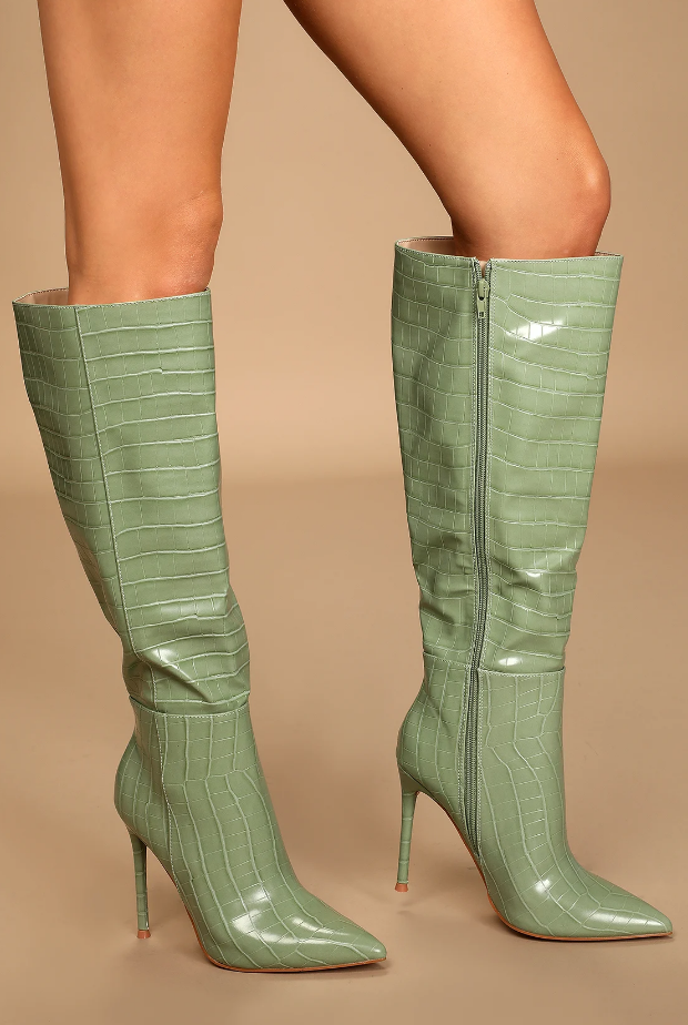 Zezilia Mint Crocodile-Embossed Pointed-Toe Knee-High Boots